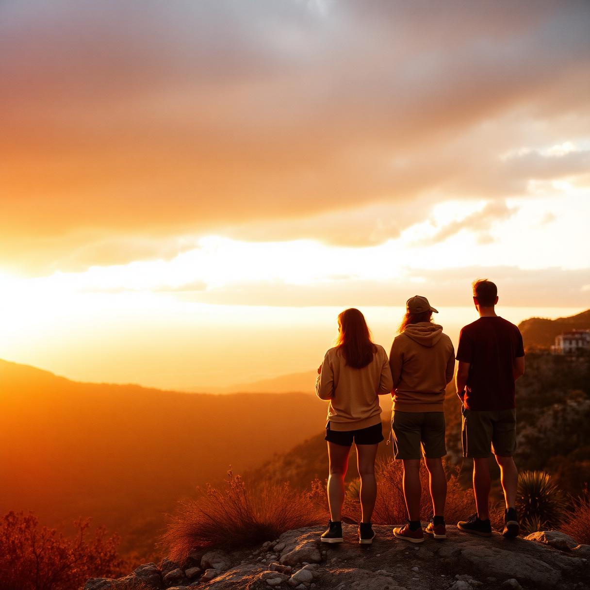 Tres figuras observando paisaje de montaña