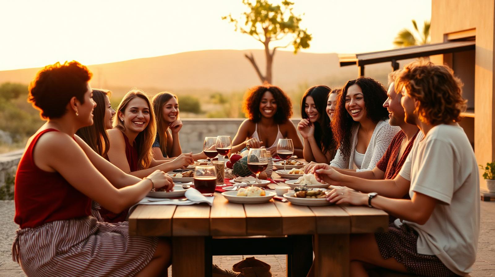 Comunidad compartiendo mesa al atardecer
