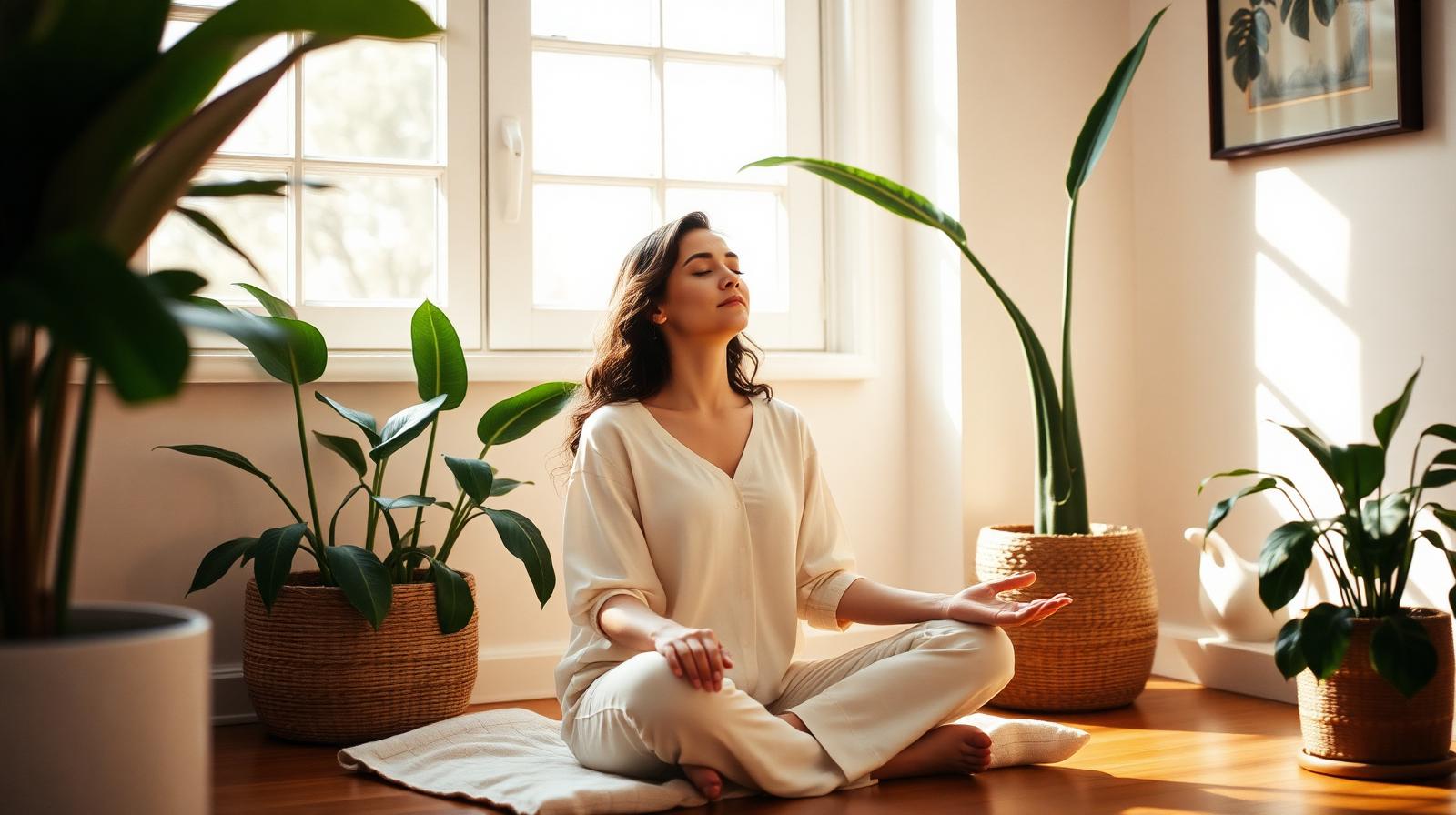 Meditación en casa con luz natural